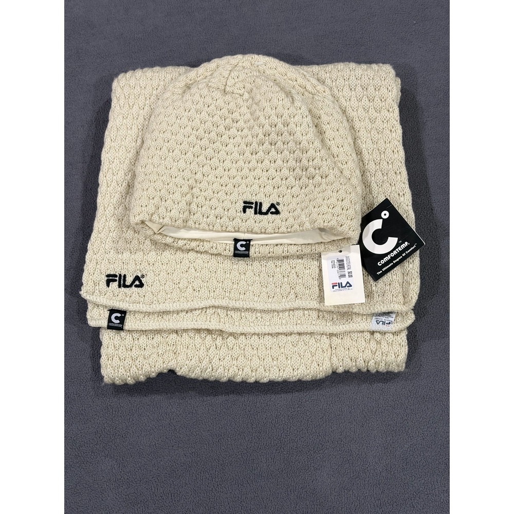 Fila Waffle Knit Beanie & Scarf Set Unisex One Size Beige Embroidered Logo